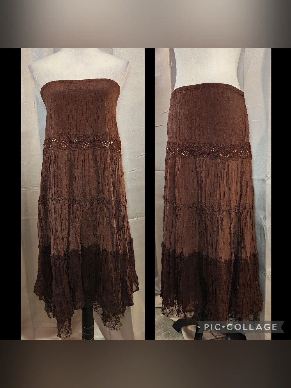 🍁VTG CACHÉ 100% SILK MULTI-TIERED Fairycore Boho Maxi Skirt/Strapless Dress🍂